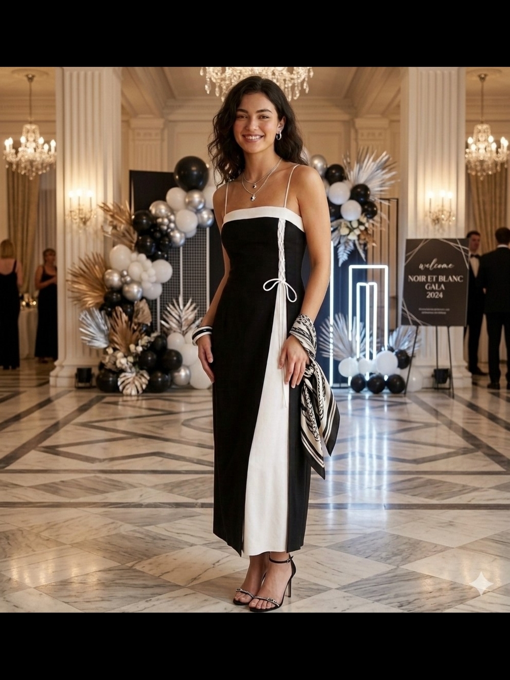 Black & White Trim Spaghetti Strap Column Dress Vintage 90s-style evening gown